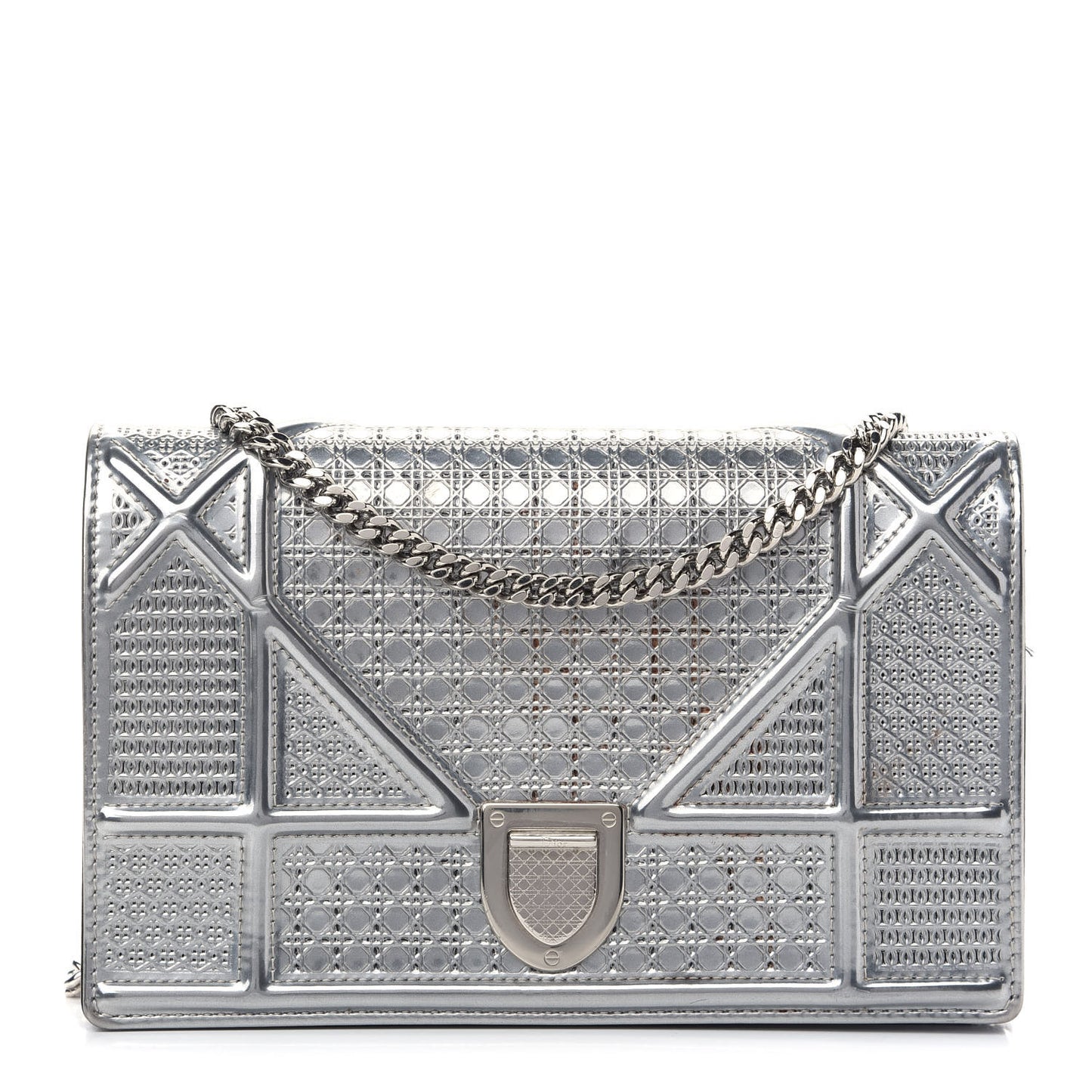 Metallic Patent Micro-Cannage Diorama Wallet on Chain Pouch Silver