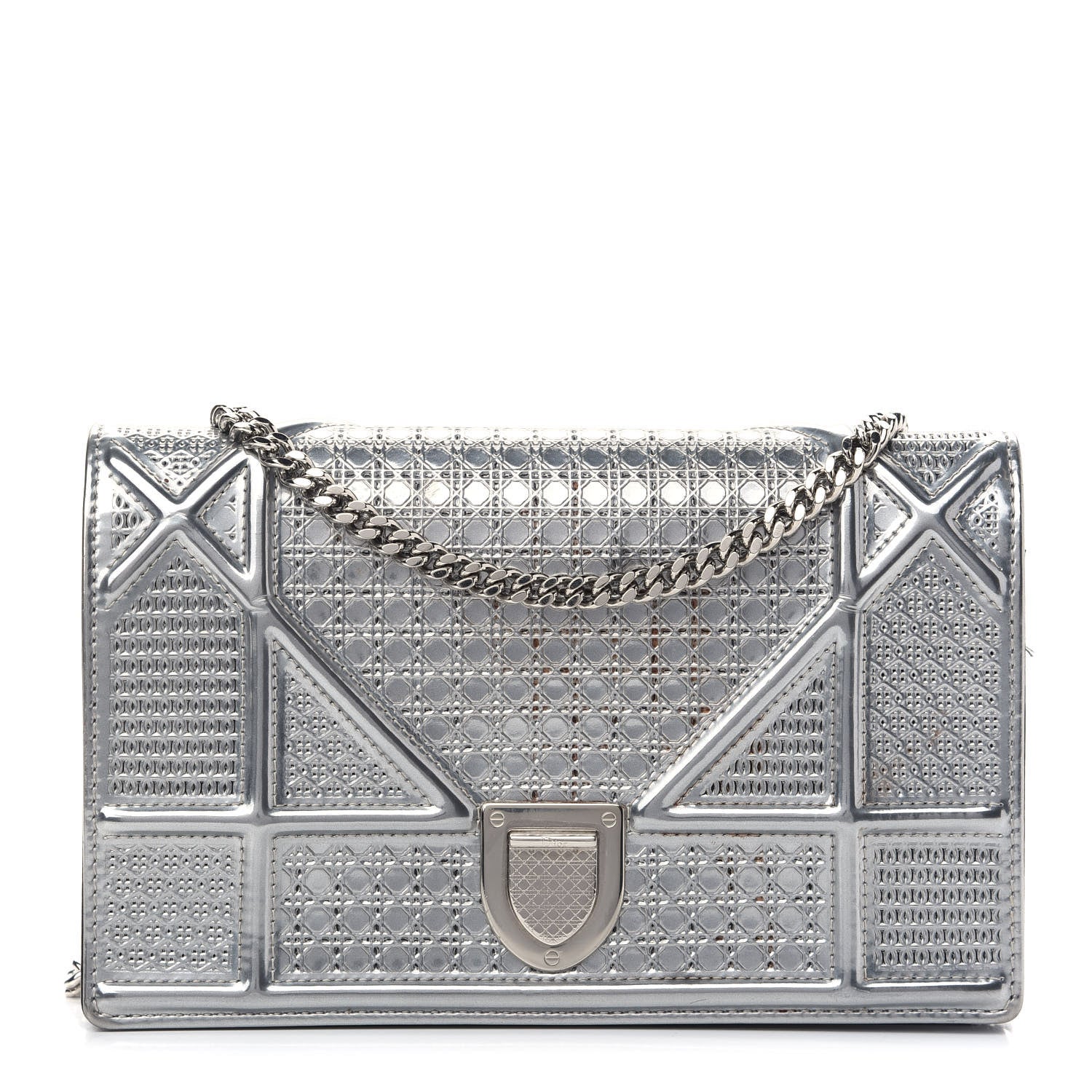 Christian Dior Metallic Patent Micro-Cannage Diorama Wallet on Chain Pouch Silver 1 of 10