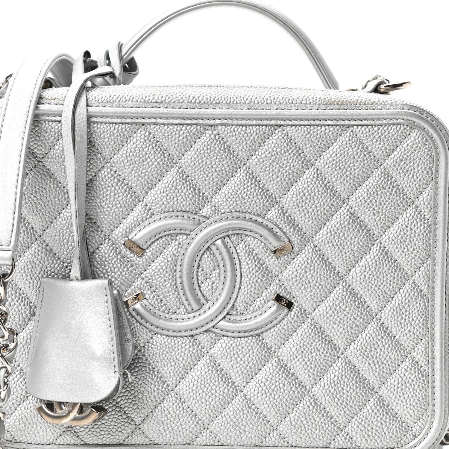 Chanel Metallic Caviar Quilted Large CC Filigree Vanity Case Silver 8 of 10
