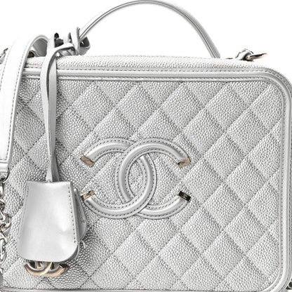 Chanel Metallic Caviar Quilted Large CC Filigree Vanity Case Silver 8 of 10
