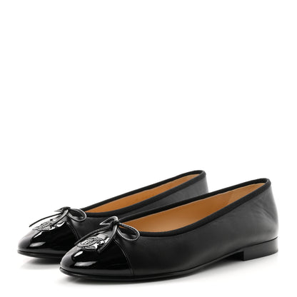 Chanel Lambskin Patent Cap Toe Ballerina Flats 37 Black 4 of 10