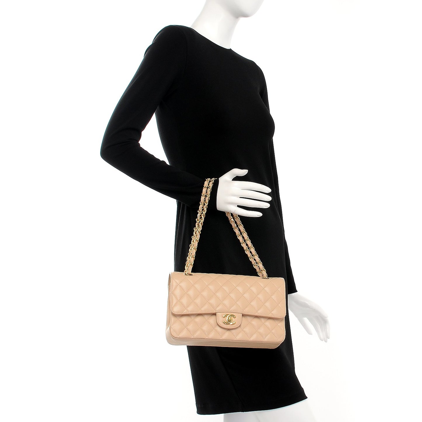 Caviar Quilted Medium Double Flap Beige Clair