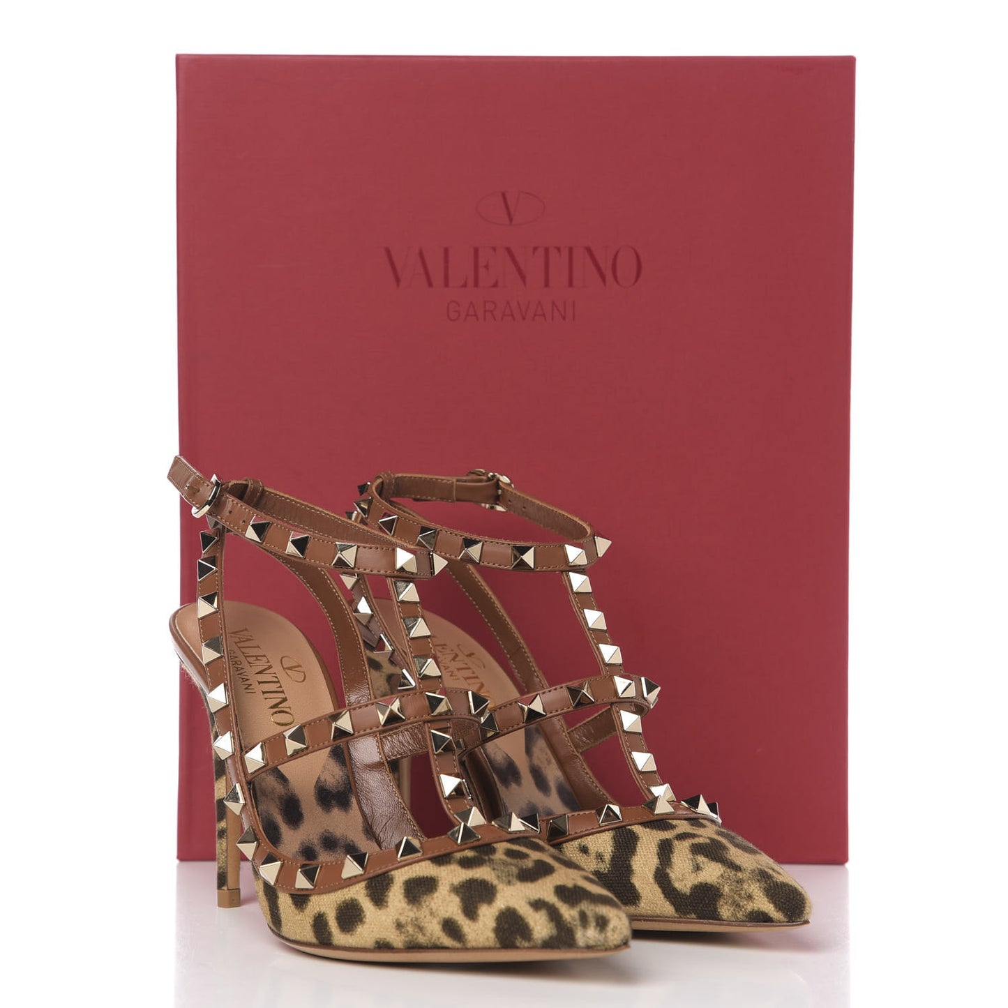 Canvas Leopard Print Rockstud Ankle Strap Pumps 35 Brown