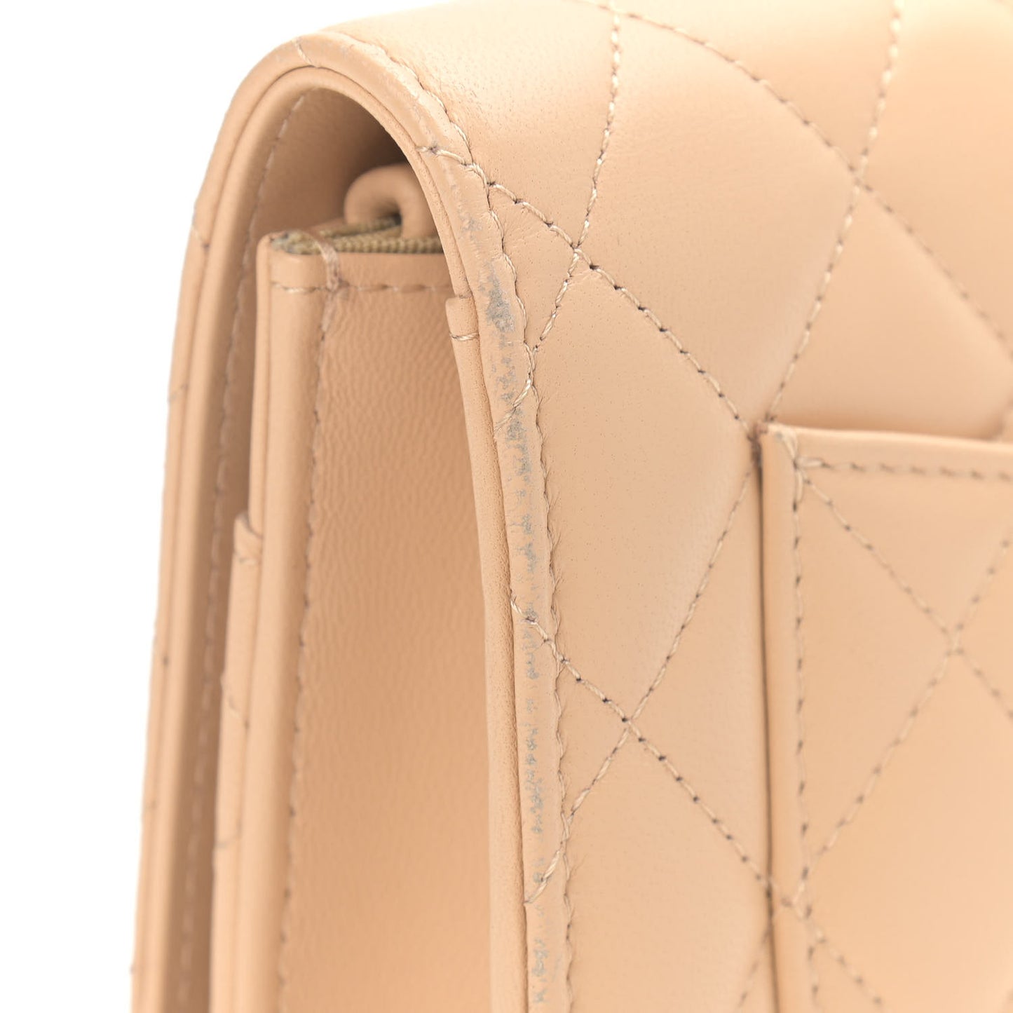 Lambskin Quilted CC Pearl Crush Wallet on Chain WOC Beige