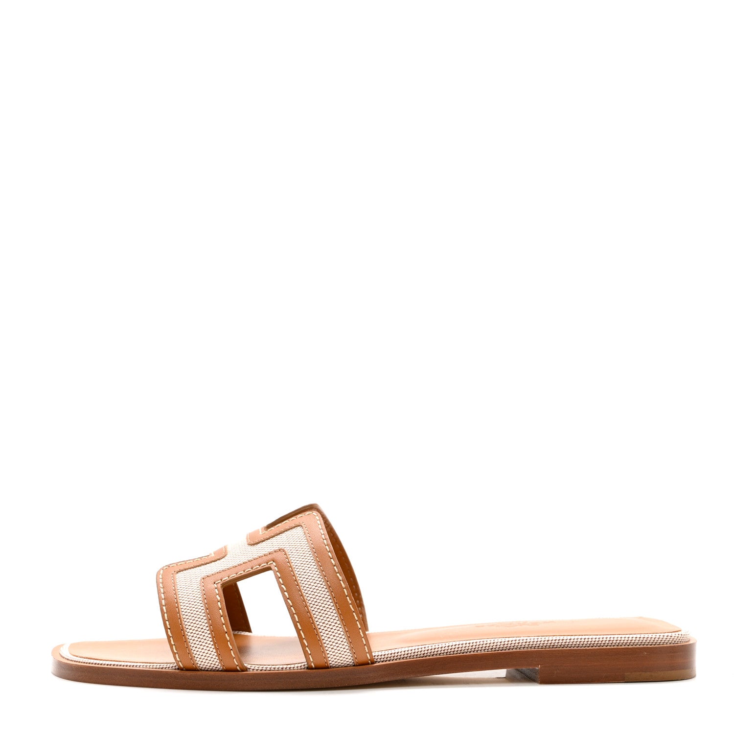 Hermes Calfskin Canvas Oran Sandals 36.5 Noisette Beige Dore 1 of 9