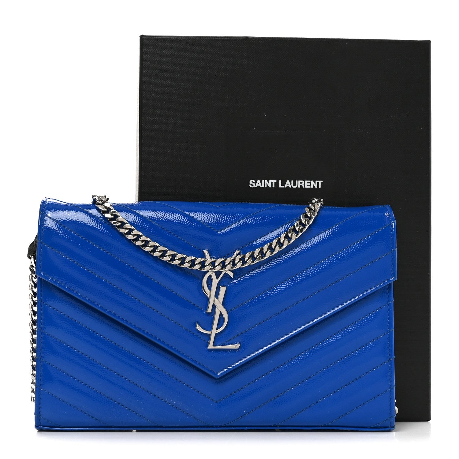 Saint Laurent Patent Grain De Poudre Matelasse Chevron Monogram Chain Wallet Blue Majorelle 11 of 11