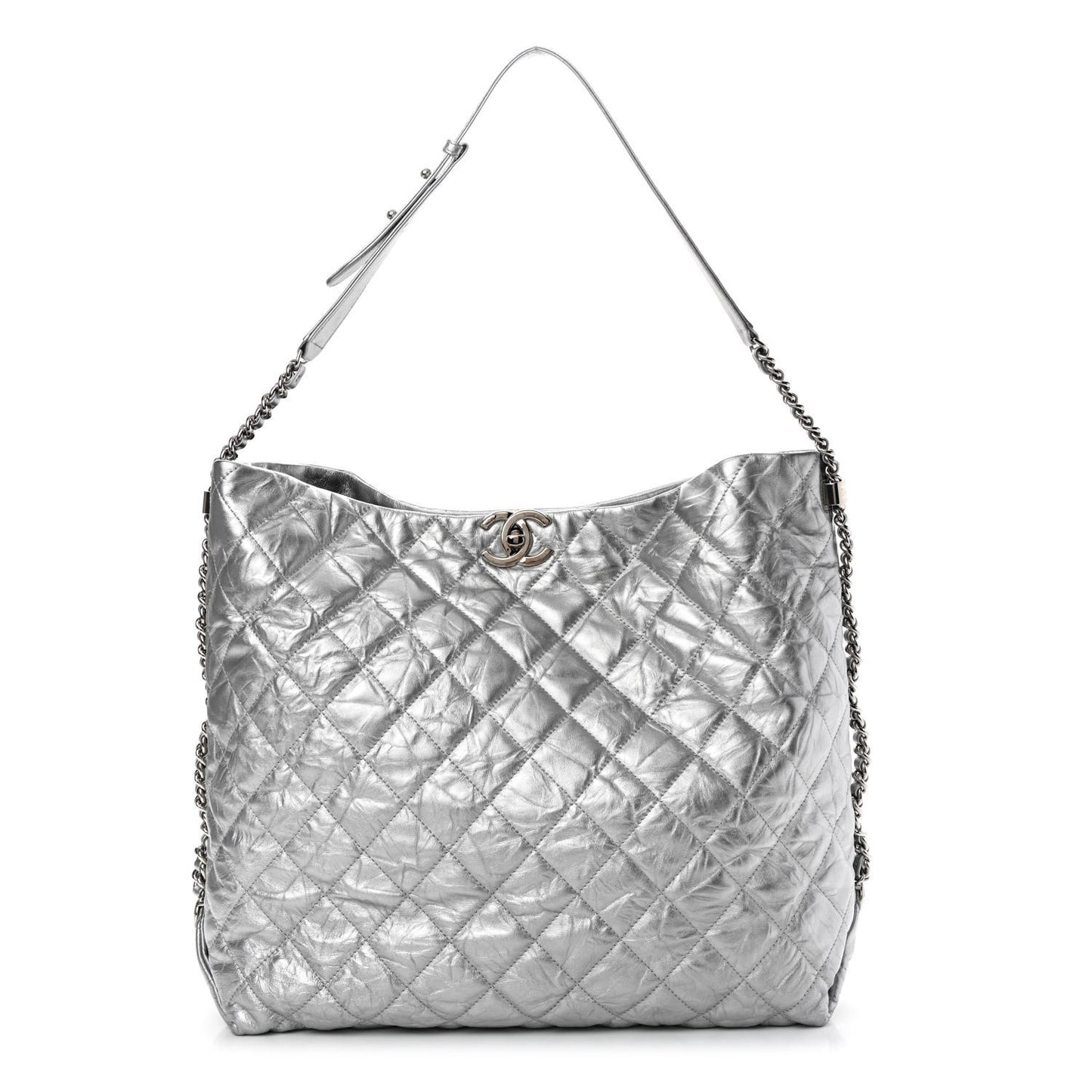 Metallic Crackled Calfskin Quilted Large Big Bang Hobo Silver