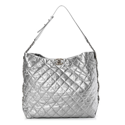 Chanel Metallic Crackled Calfskin Quilted Large Big Bang Hobo Silver 1 of 14