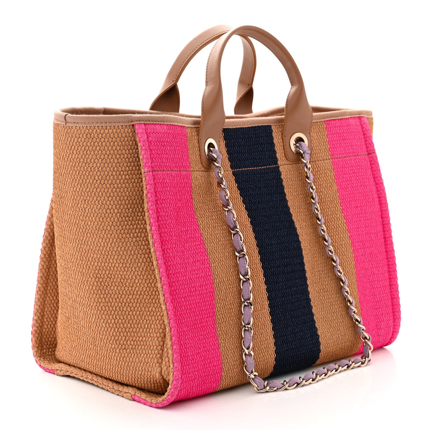 Straw Raffia Calfskin Striped Medium Deauville Tote Dark Beige Fuchsia Navy Blue