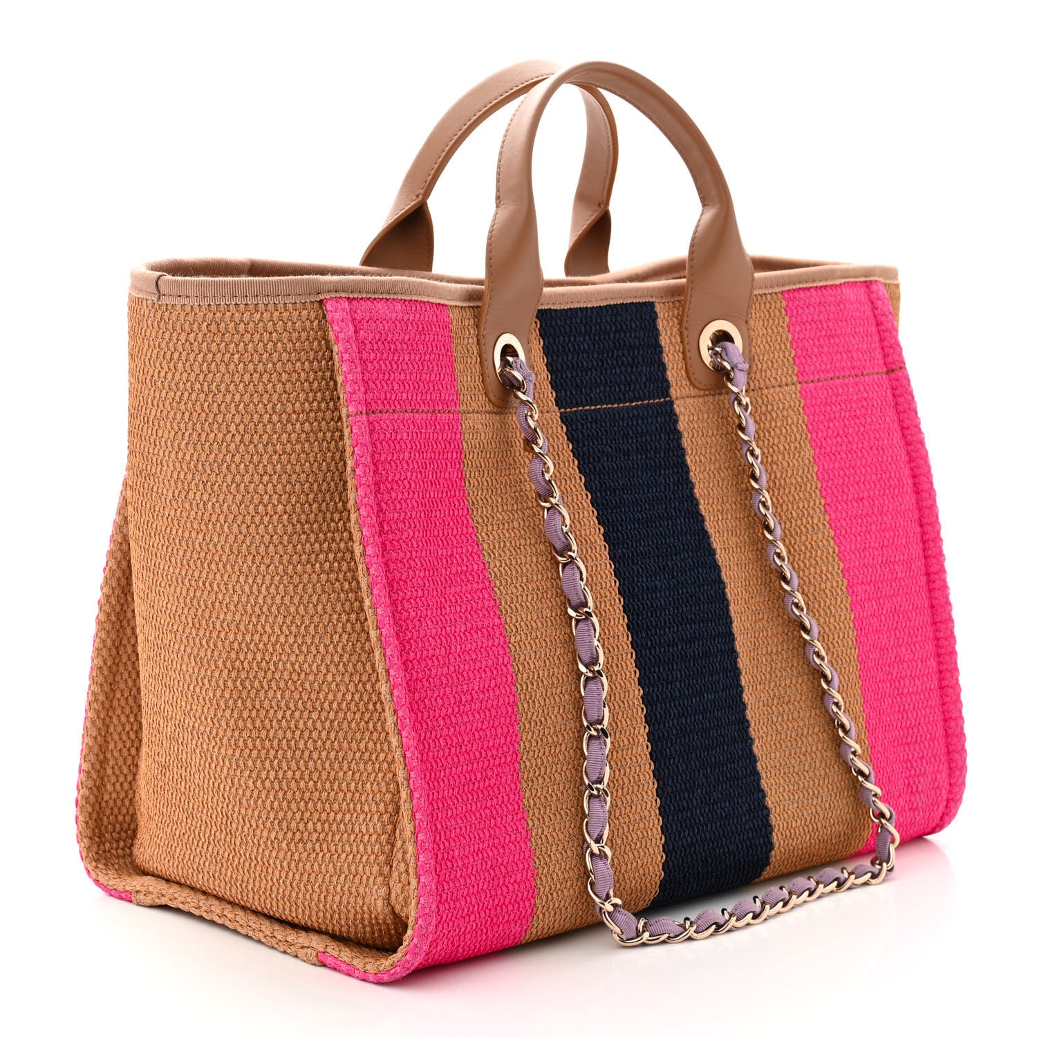 Chanel Straw Raffia Calfskin Striped Medium Deauville Tote Dark Beige Fuchsia Navy Blue 3 of 10