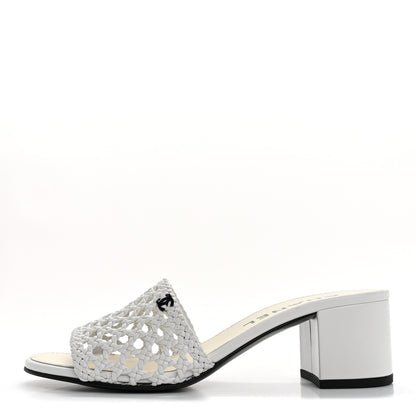 Chanel Shiny Braided Goatskin Mule Sandals 38 White 1 of 10