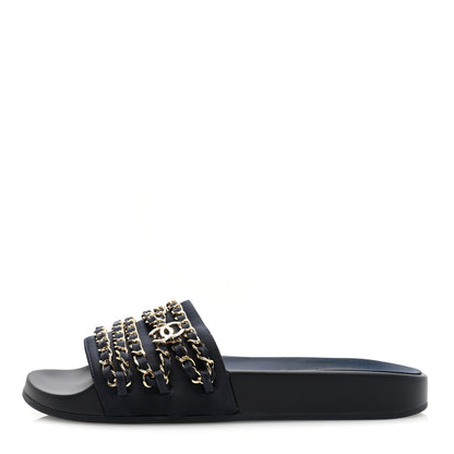 Chanel Satin Chain Flat Sandals 37 Marine 1 of 8