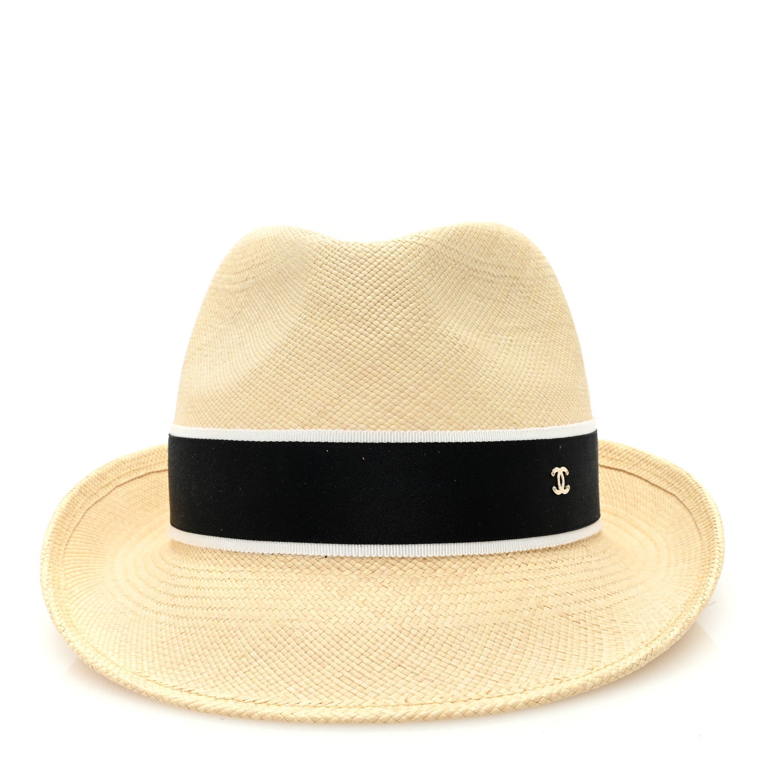 Chanel Straw Grosgrain Ribbon Fedora Hat S Beige Black 3 of 8