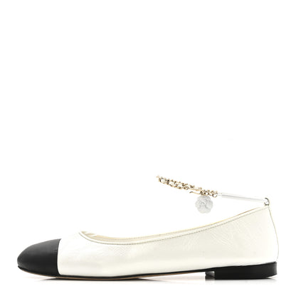 Chanel Shiny Lambskin Metal Cap Toe Ankle Chain Ballerina Flats 39.5 White Black 1 of 14