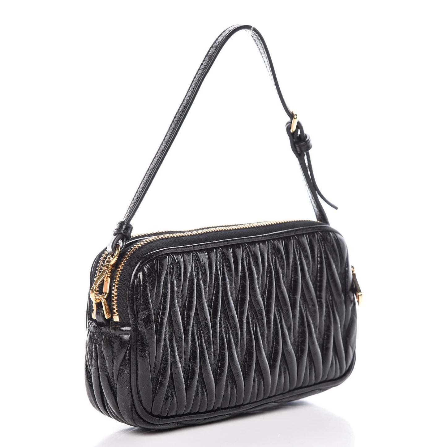 Vitello Lux Matelasse Double Zip Chain Shoulder Bag Black