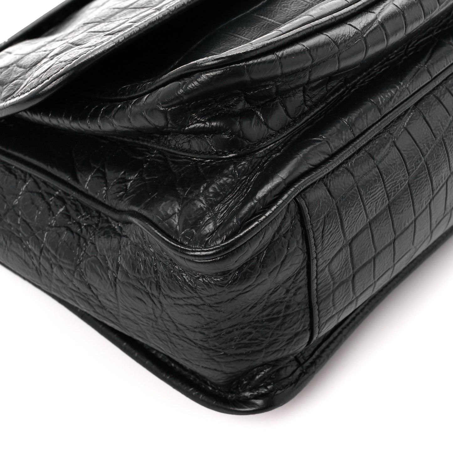Crocodile Embossed Lambskin Monogram Medium Niki Chain Satchel Black