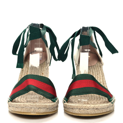 Gucci Canvas Malaga Kid Web Ankle Wrap Espadrille Wedge Sandals 39.5 Green Red Mystic White Emerald 2 of 10
