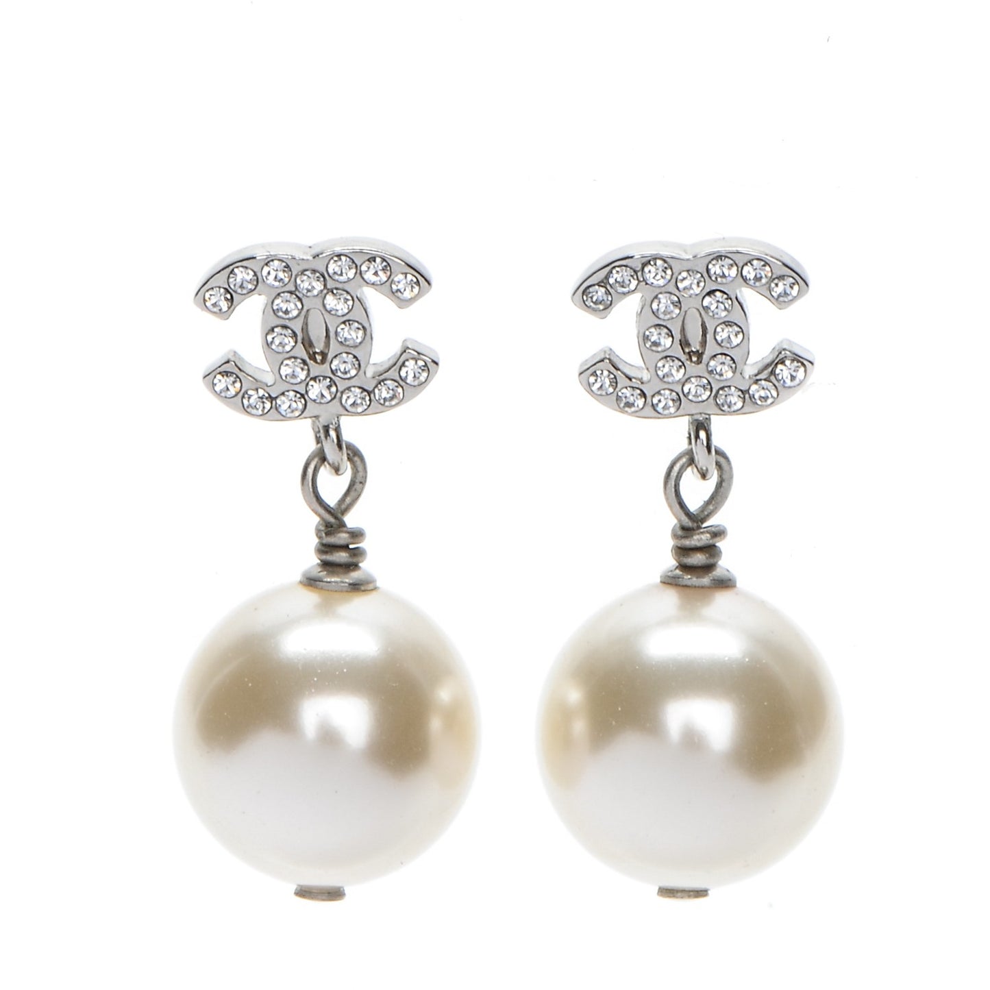 Crystal Pearl CC Drop Earrings Silver