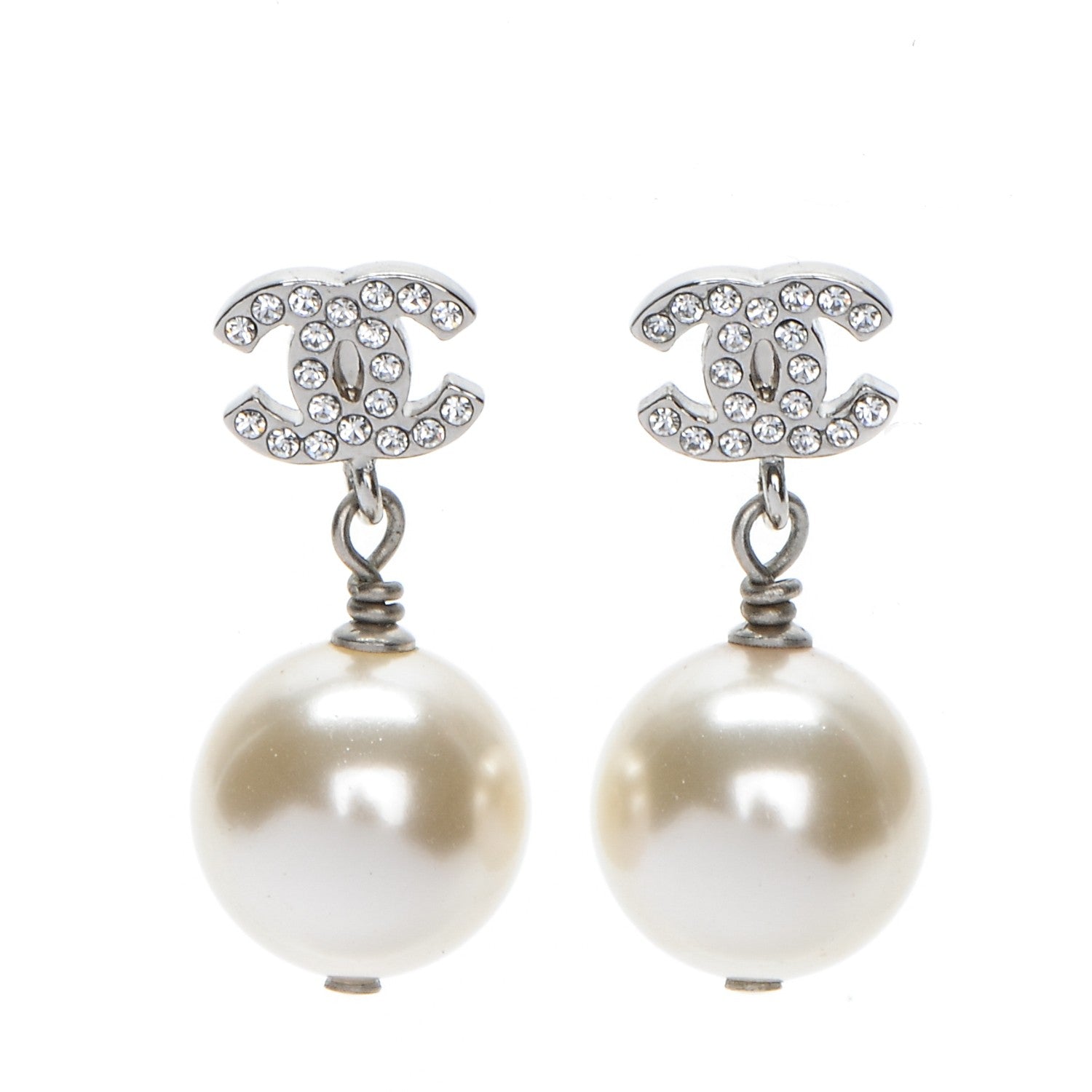 Chanel Crystal Pearl CC Drop Earrings Silver 1 of 5