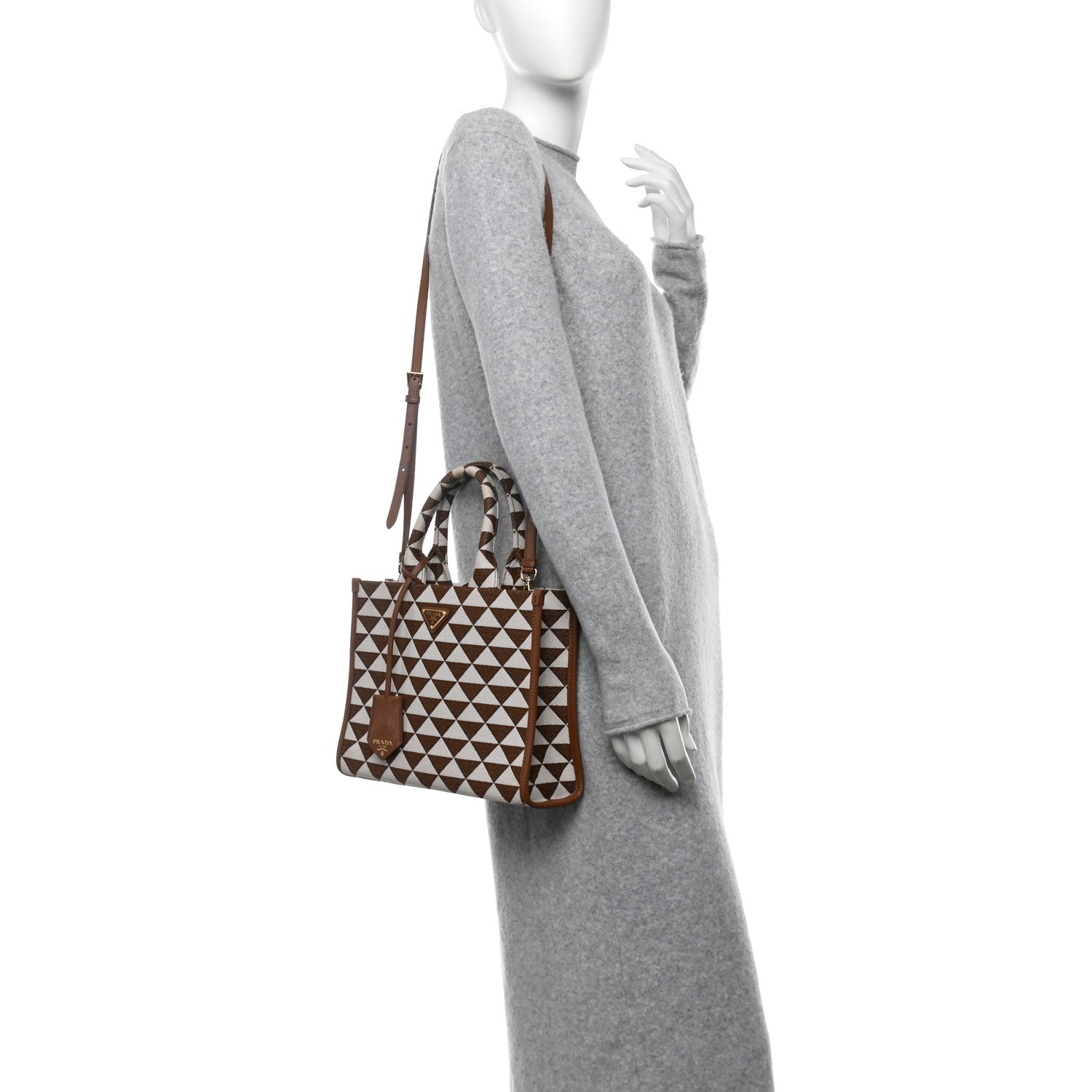 Prada Jacquard Saffiano Triangolo Symbole Embroidered Small Tote Tobacco Talco 2 of 10