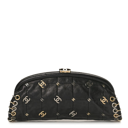 Chanel Calfskin Square Quilted Grommet Embellished Piercing Chic Clutch Black 1 of 9