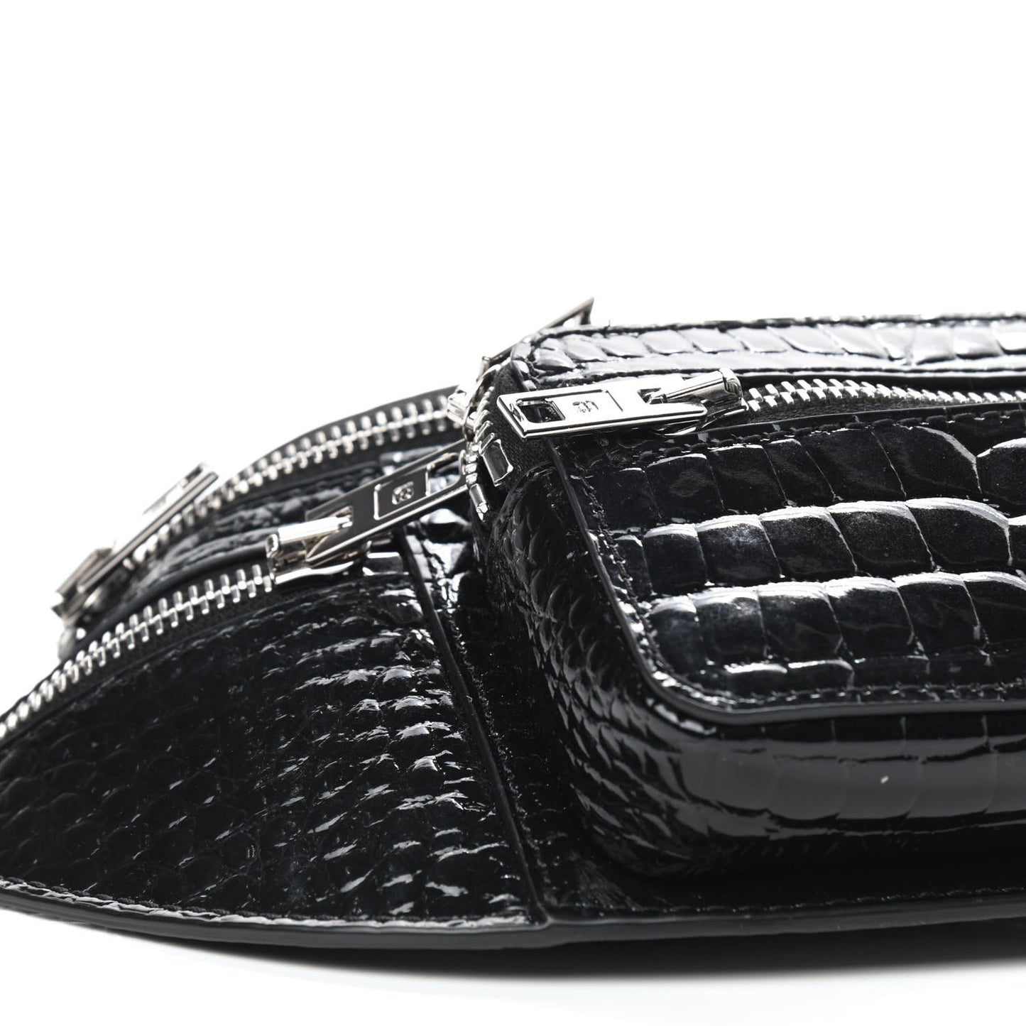 Crocodile Embossed Patent Mini Top Handle Attica Belt Bag Black