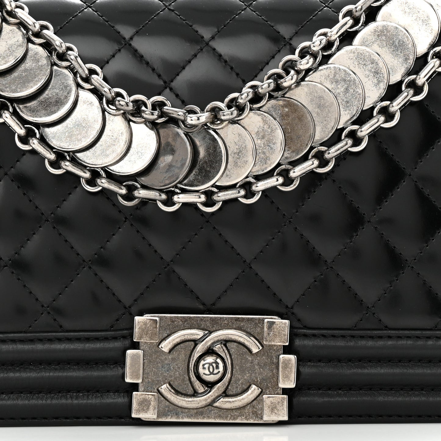 Patent Calfskin Quilted Paris Bombay Medallion Embellished Medium Boy Flap Black