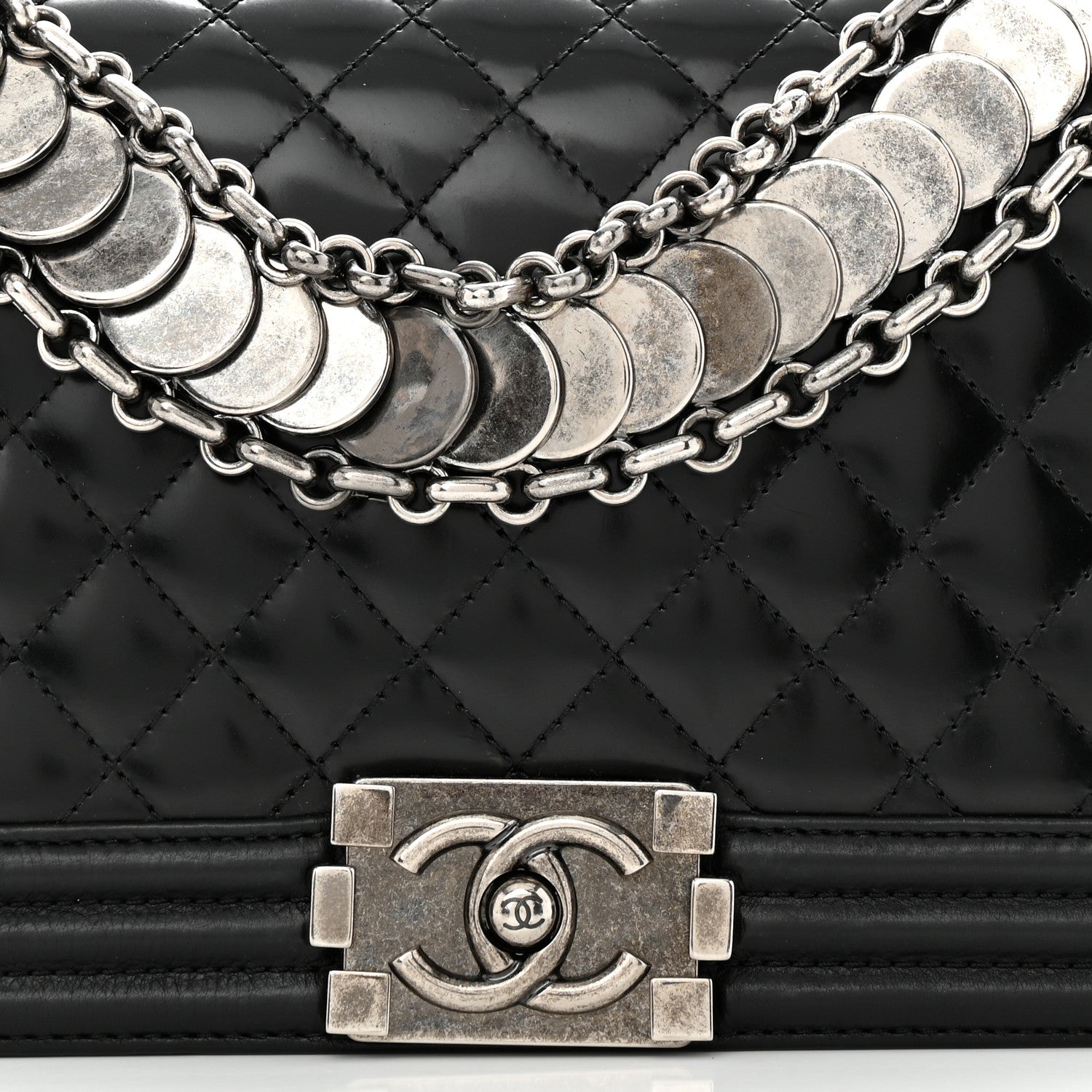 Chanel Patent Calfskin Quilted Paris Bombay Medallion Embellished Medium Boy Flap Black 8 of 10