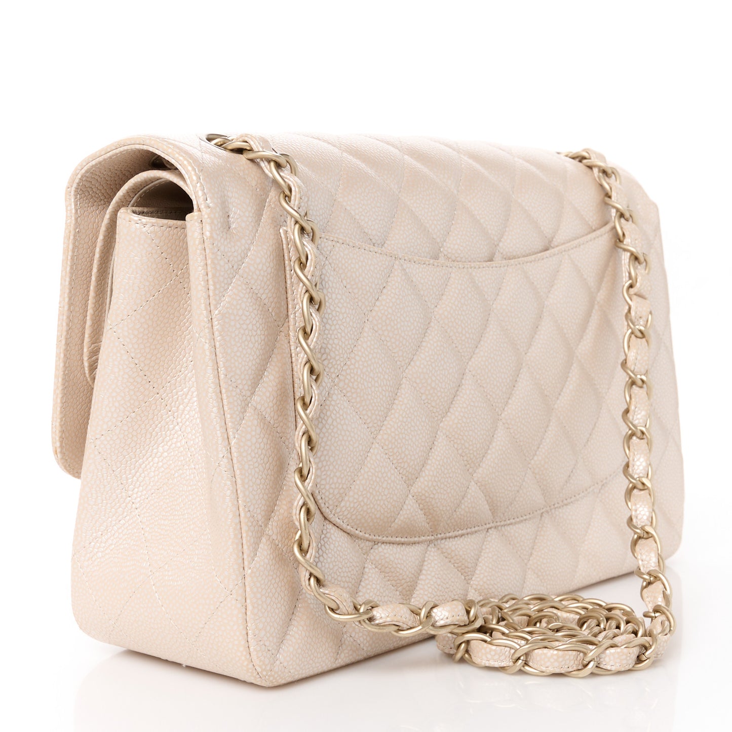 Iridescent Caviar Quilted Jumbo Double Flap Beige