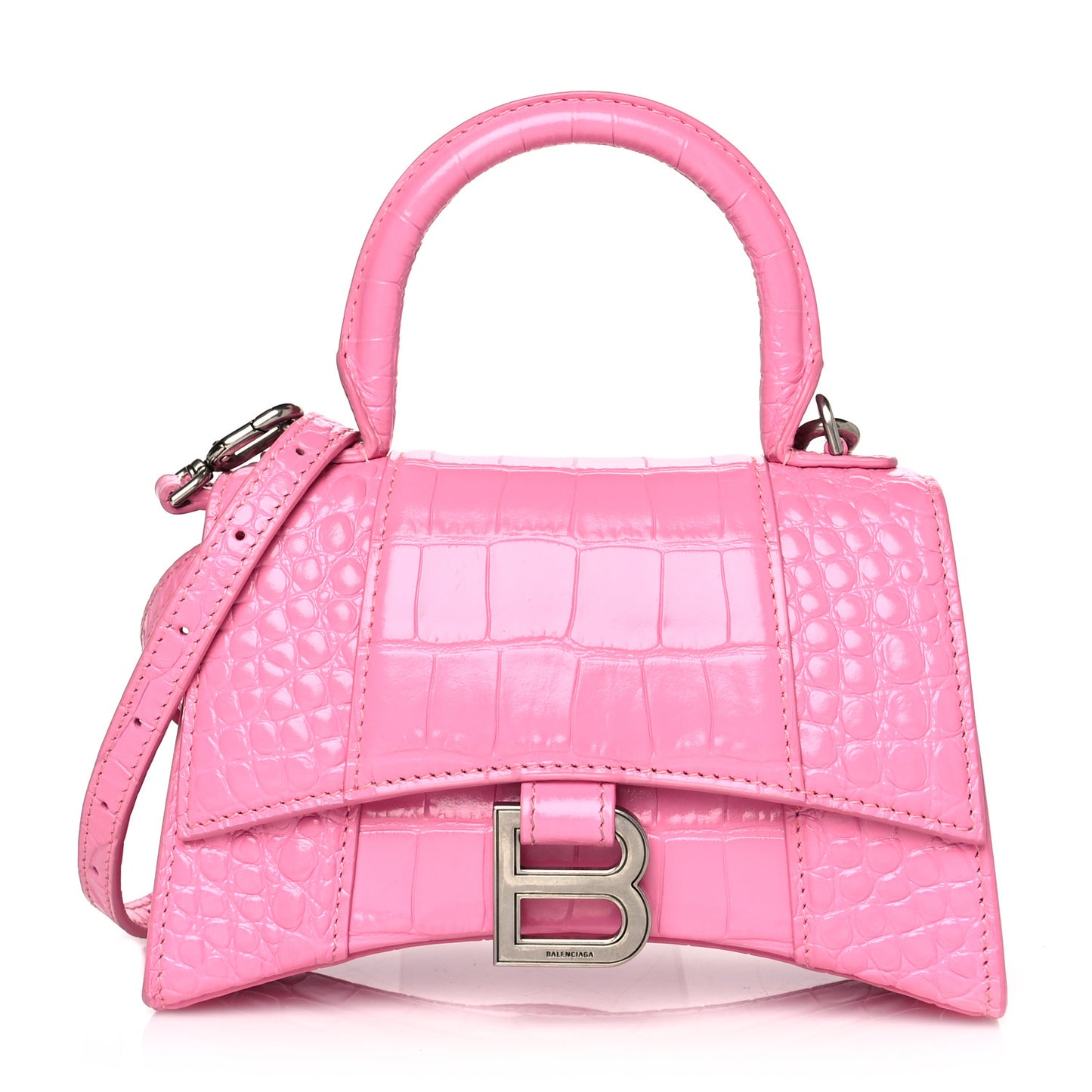 Shiny Calfskin Crocodile Embossed Hourglass Top Handle Bag XS Baby Pink