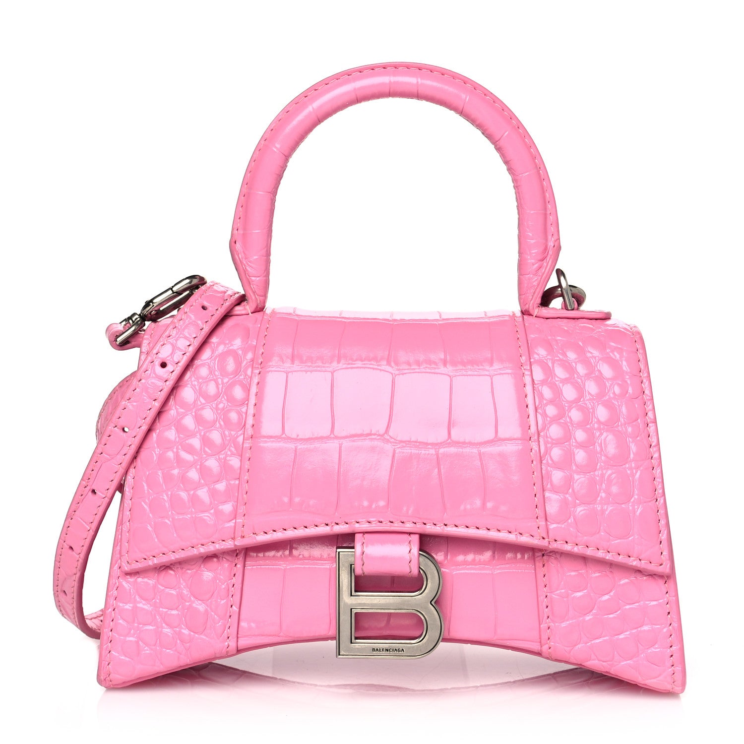 Balenciaga Shiny Calfskin Crocodile Embossed Hourglass Top Handle Bag XS Baby Pink 1 of 11
