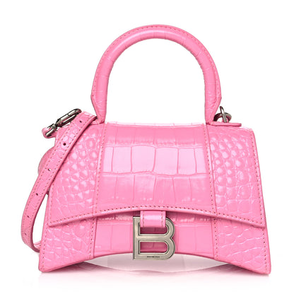 Balenciaga Shiny Calfskin Crocodile Embossed Hourglass Top Handle Bag XS Baby Pink 1 of 11