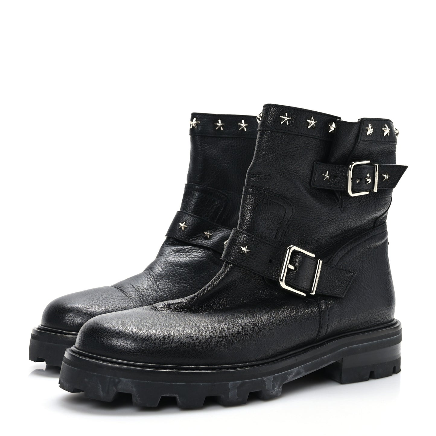 Grained Calfskin Star Biker Boots 40.5 Black