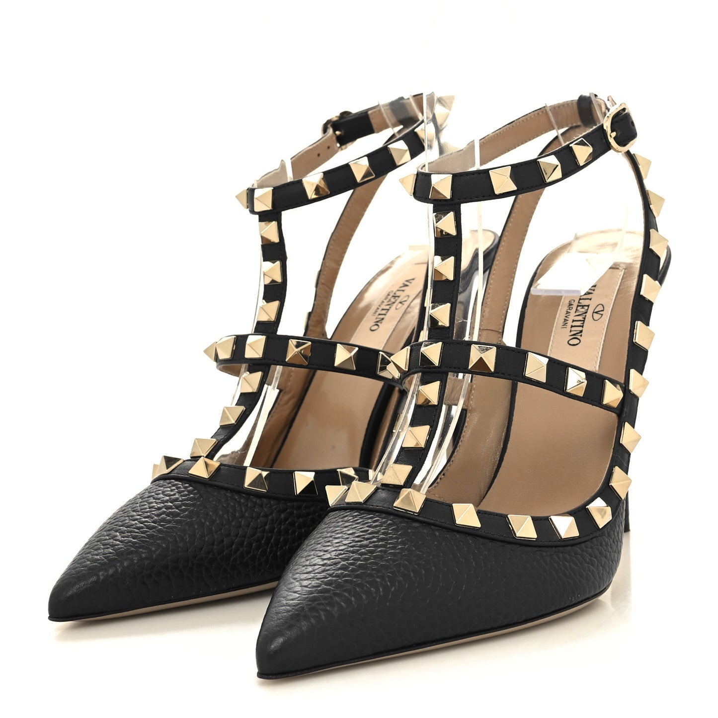 Pebbled Calfskin Rockstud Ankle Strap 100mm Pumps 37 Marine