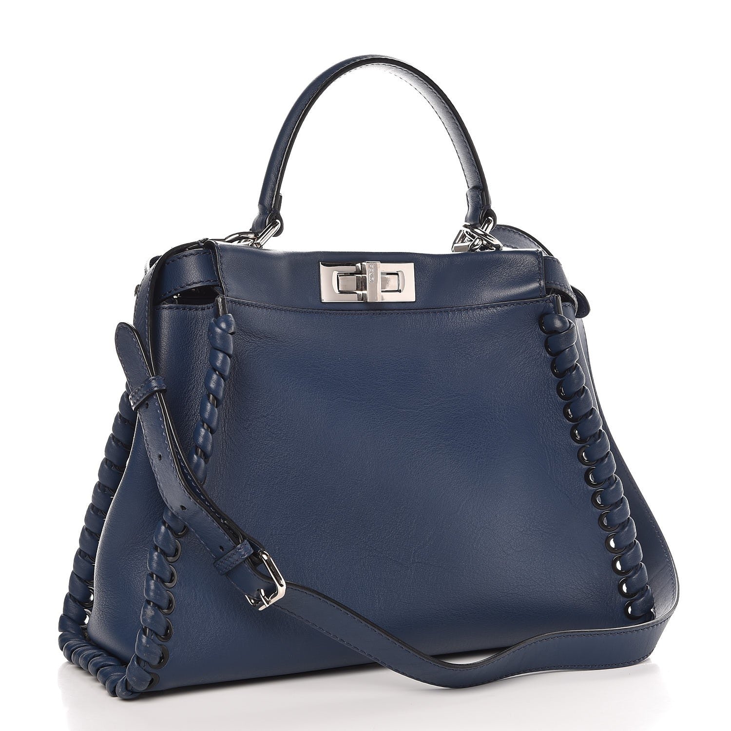 Fendi Calfskin Lace Up Medium Peekaboo Iconic Satchel Blue 4 of 13