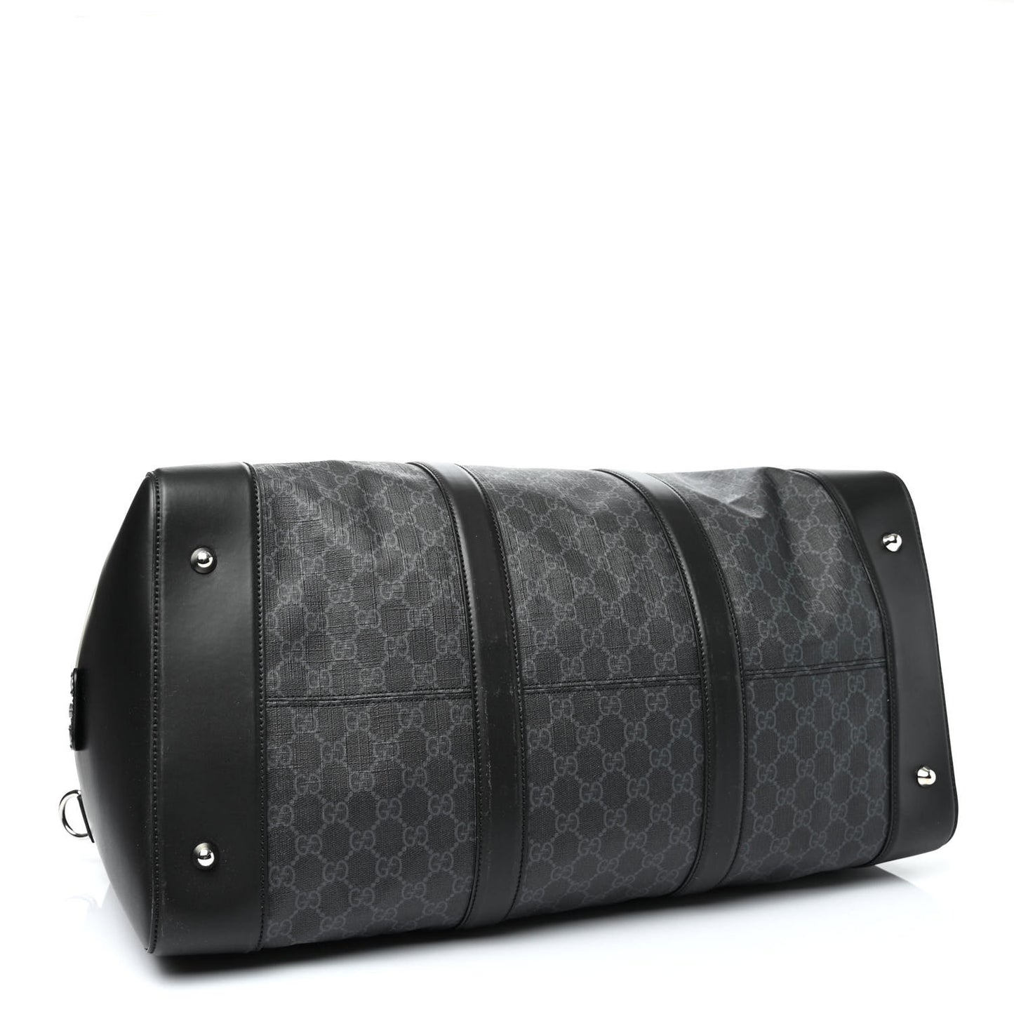 Soft GG Supreme Monogram Appia Calfskin Web Large Carry On Duffle Bag Black Grey
