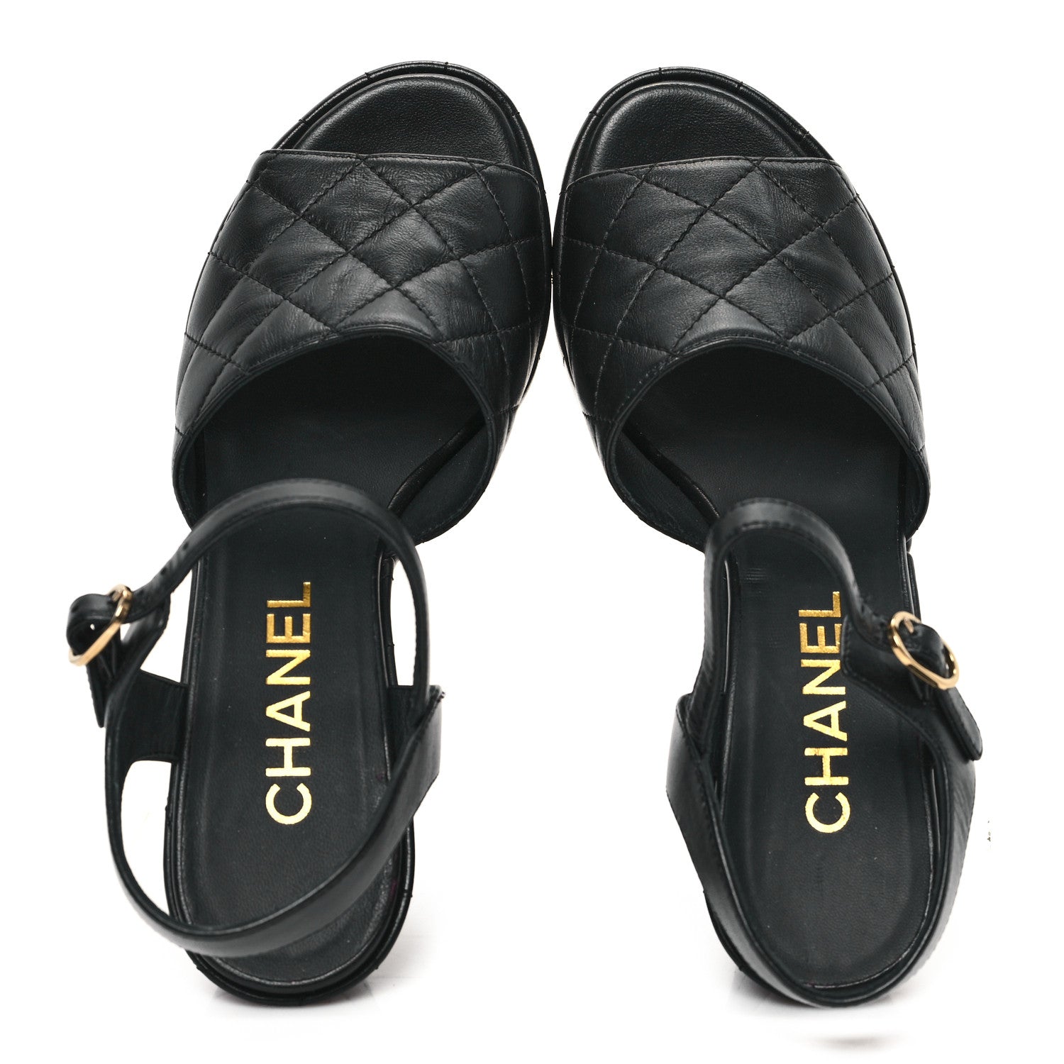 Chanel Lambskin Quilted Peep Toe Wedge Sandals 37 Black 2 of 11