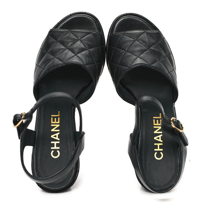 Chanel Lambskin Quilted Peep Toe Wedge Sandals 37 Black 2 of 11