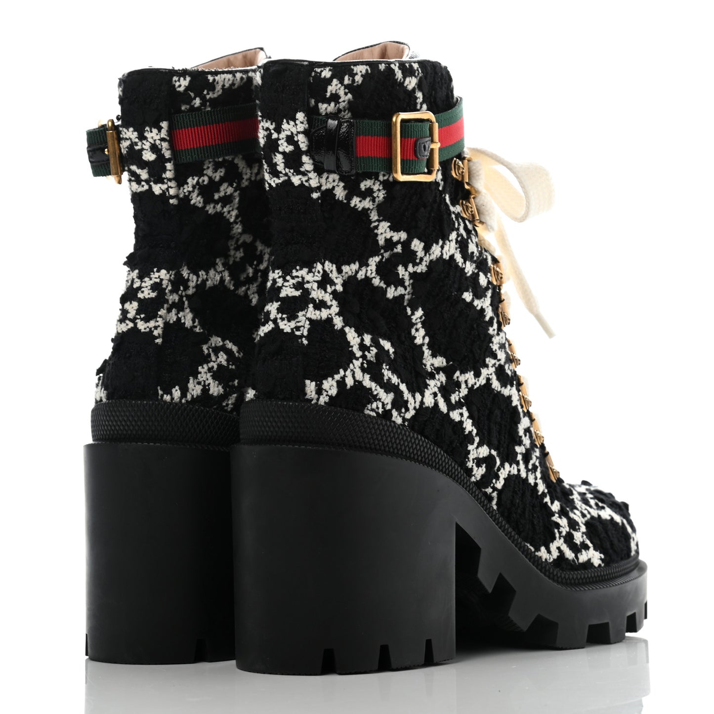Tweed GG Monogram Lace Up Combat Ankle Boots 37 Black