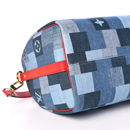 Louis Vuitton Denim Damier Monogram Patchwork Speedy Bandouliere 30 Blue Rouge 5 of 12