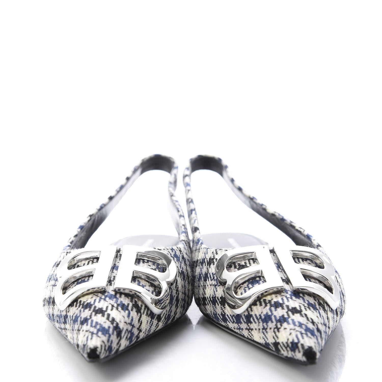 Balenciaga Tweed Prince Of Wales BB Knife Pointy Toe Slingback Flats 39 Beige Navy Silver 2 of 9