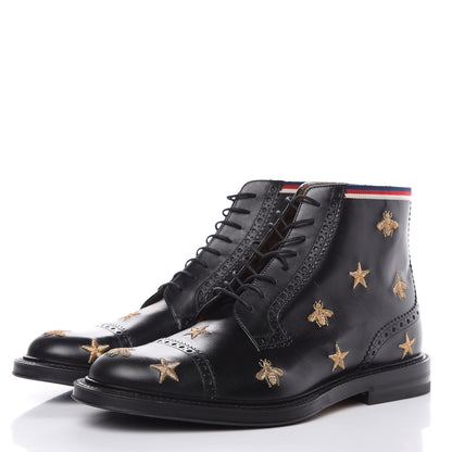 Gucci Calfskin Sylvie Web Bee Star Embroidered Mens Brogue Captoe Boots 7 Black 3 of 8