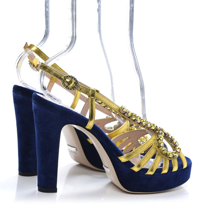 Gucci Velvet Nappa Crystal Zephyra Slingback Platform High Heel Sandals 38 Blue Gold 4 of 8