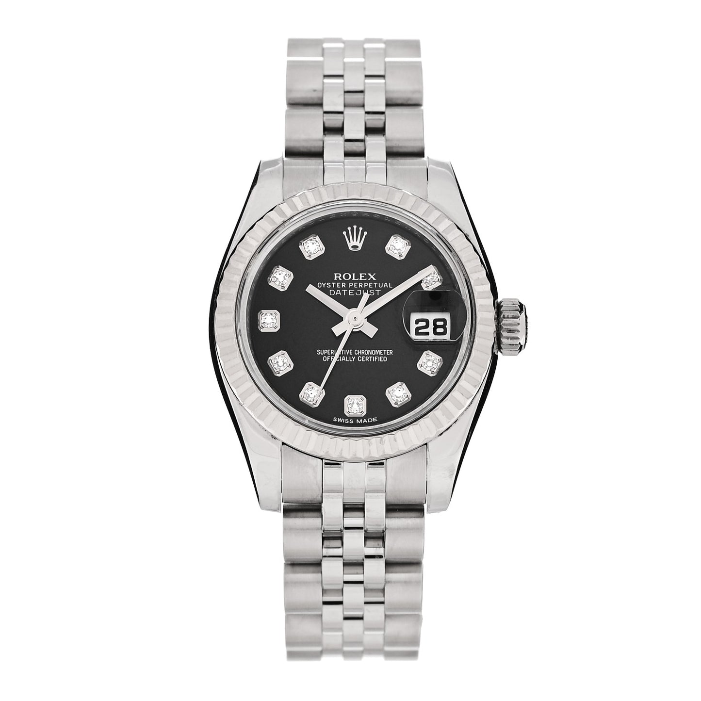 Stainless Steel 18K White Gold Diamond 26mm Oyster Perpetual Datejust Watch Black 179174