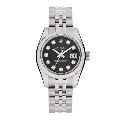 Rolex Stainless Steel 18K White Gold Diamond 26mm Oyster Perpetual Datejust Watch Black 179174 1 of 5