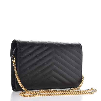 Saint Laurent Grain De Poudre Matelasse Chevron Monogram Chain Wallet Black 3 of 7
