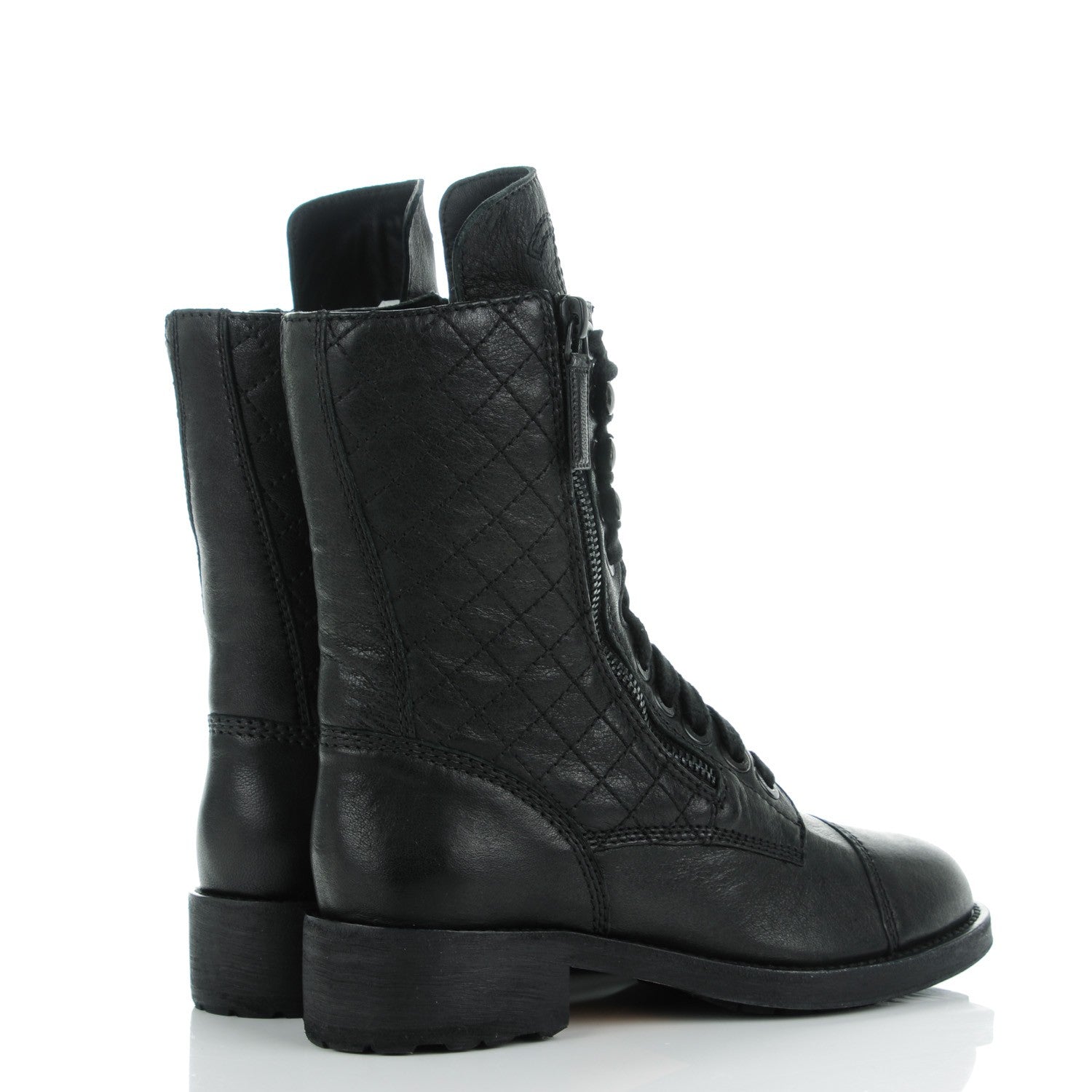 Chanel Sheepskin Quilted CC Tall Lace Up Combat Boots 35.5 Black 4 of 8
