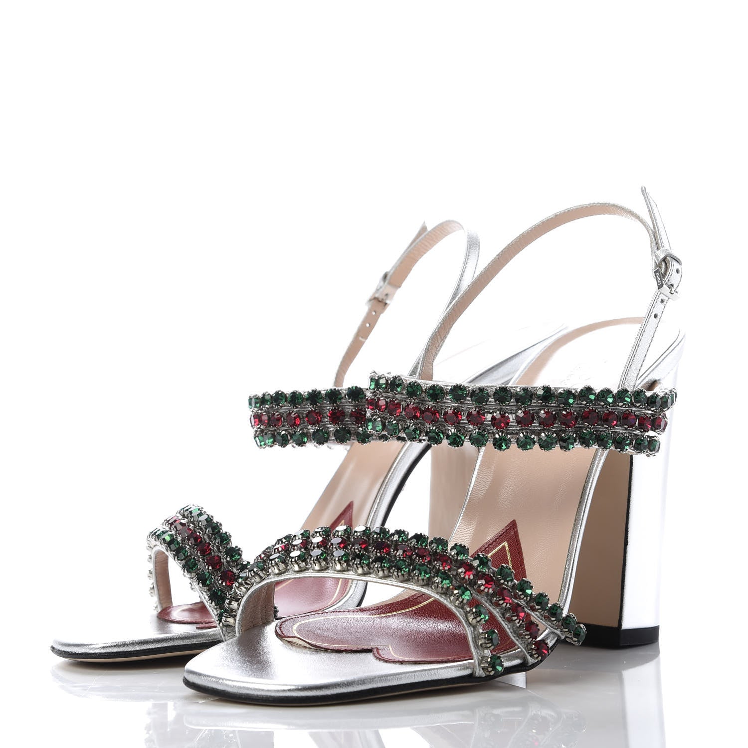 Gucci Nappa Silk Crystal Bertie High Heel Sandals 39 Argento 3 of 9