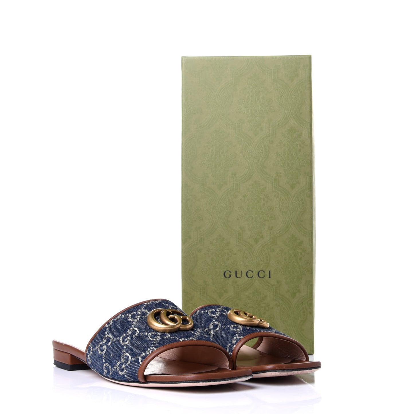 New Denim GG Monogram Miro Soft Calfskin Jolie Slide Sandals 38 Blue Tea Cuir Epilog
