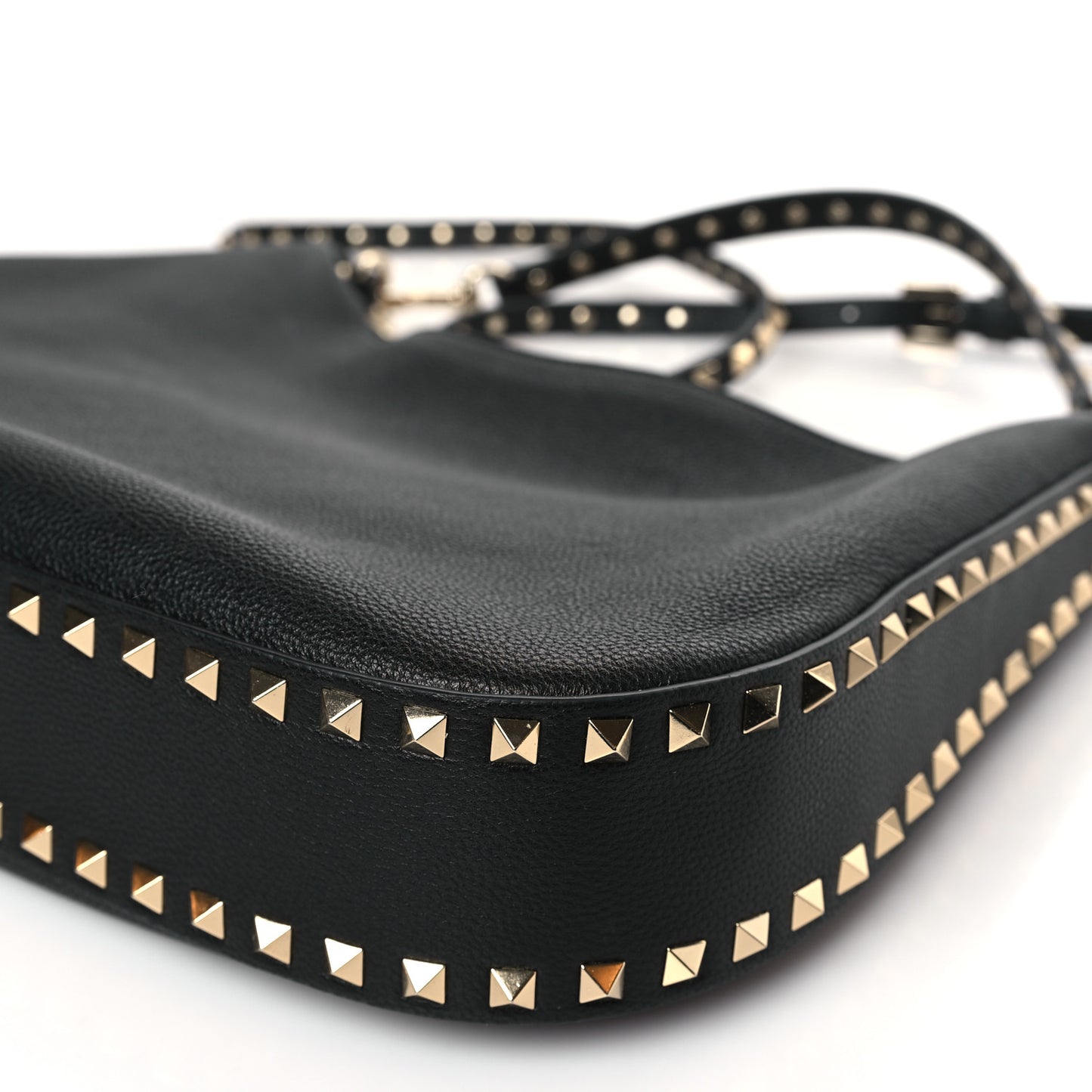Grained Calfskin Rockstud Hobo Bag Black